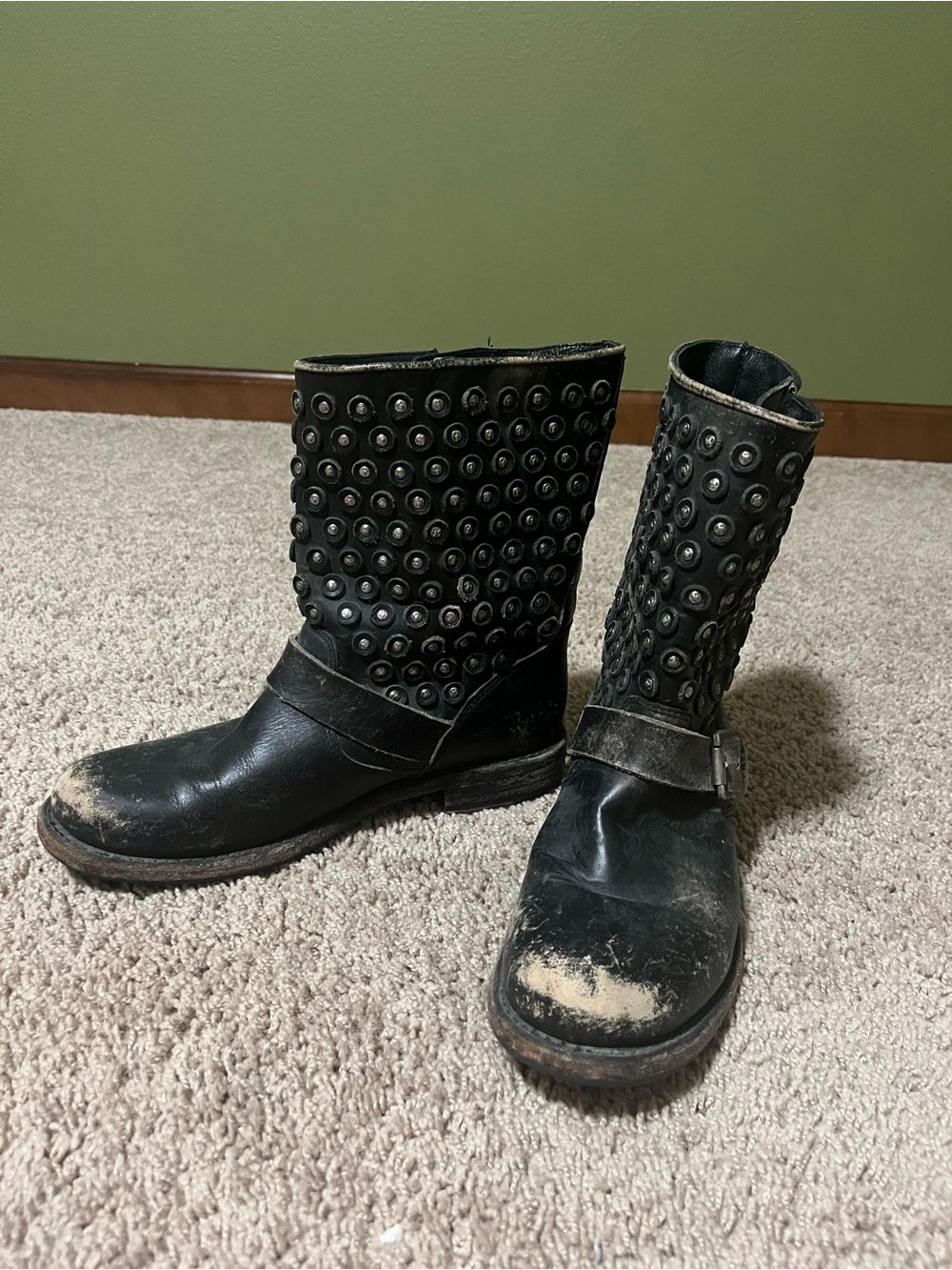 Frye Black Studded Mid-Calf Leather Boots